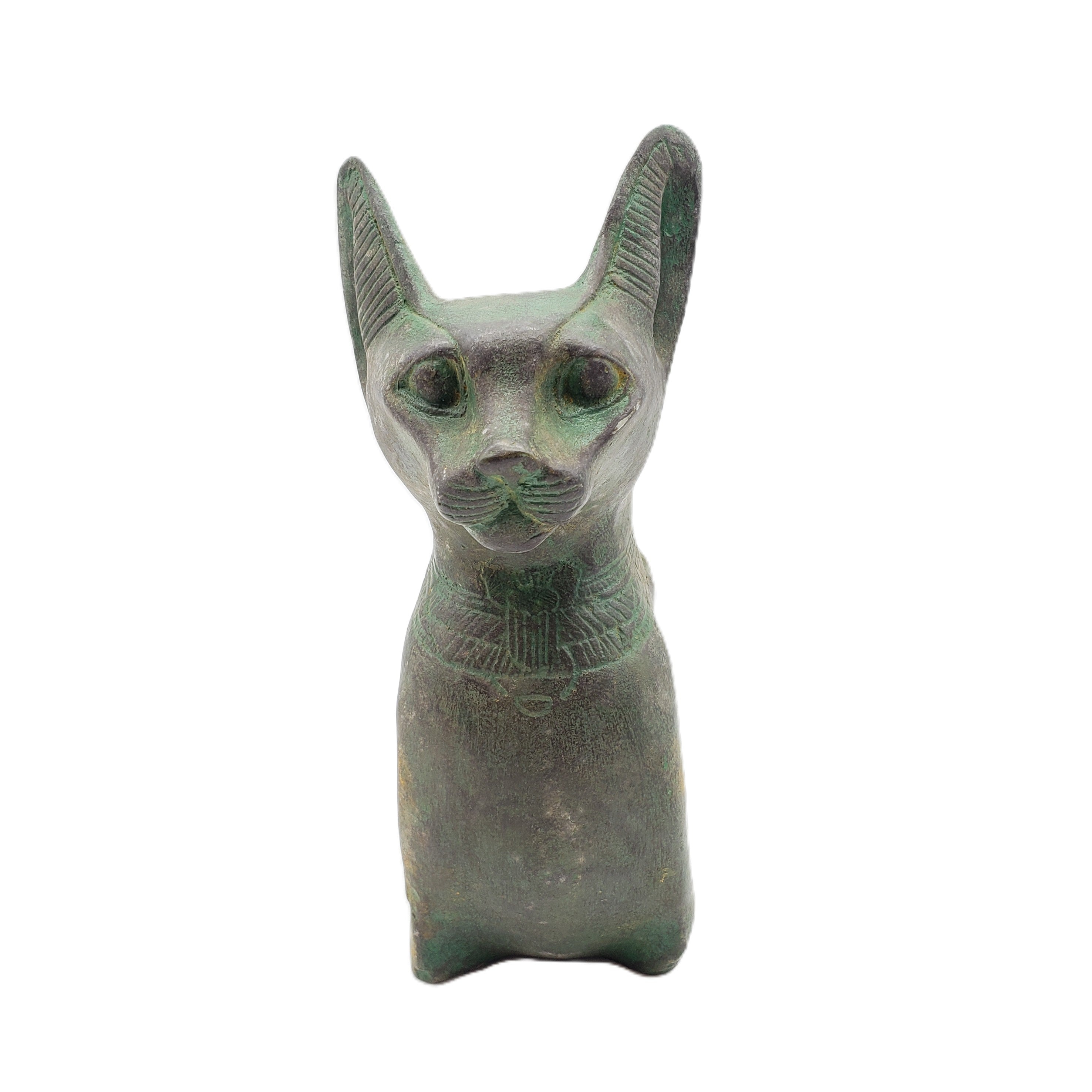 Patina statue of a cat with a white background