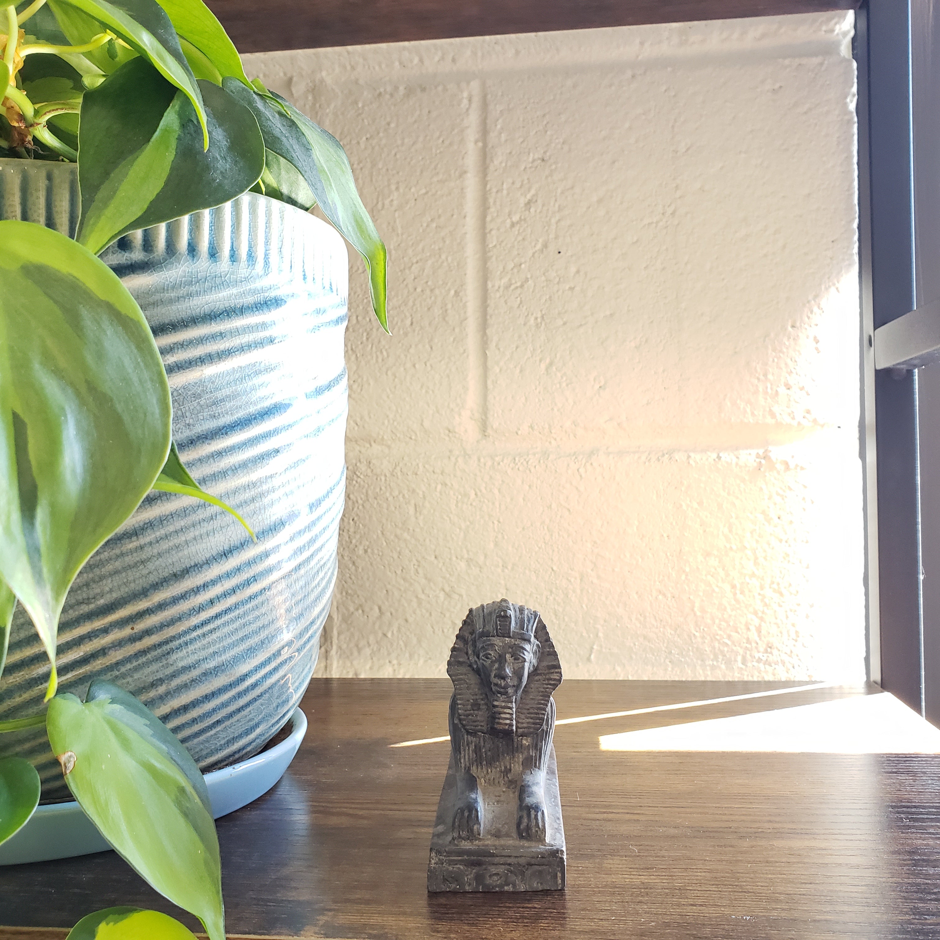 Plants in a pot with a light fixture and a small statue on a wooden surface.