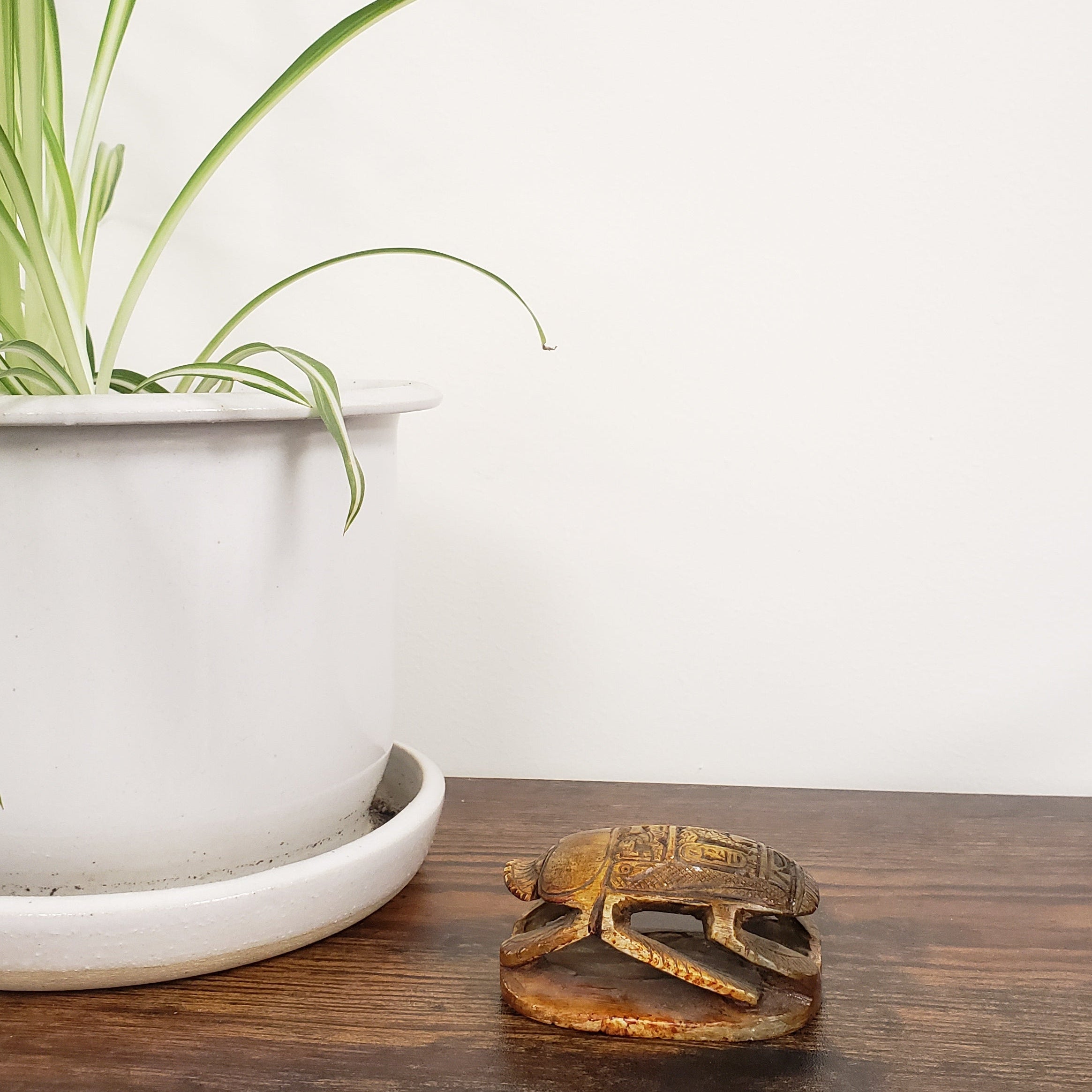 Decorative scarab statue with a plant and white ceramic item on a white background