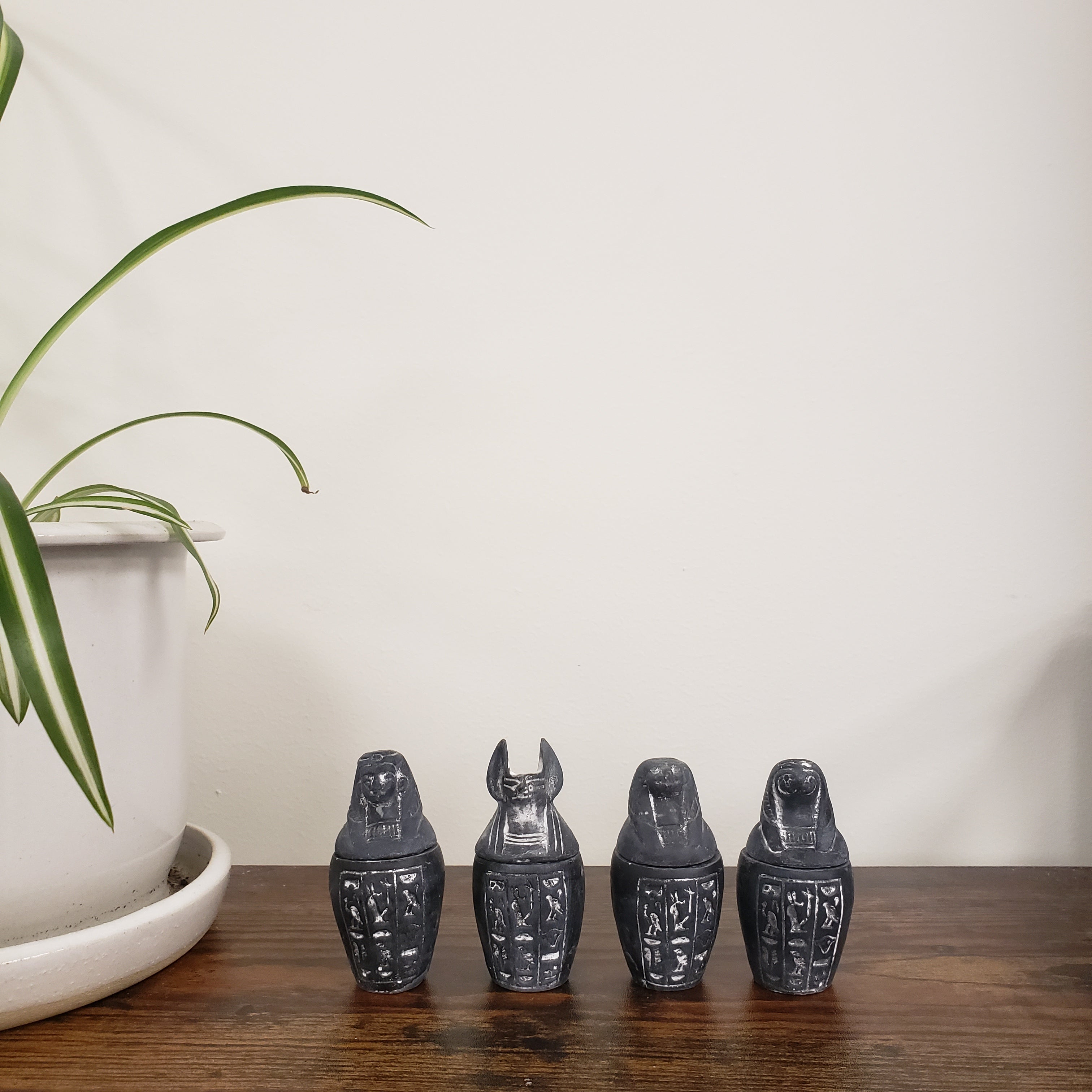 Decorative black canopic jar statues on a wooden surface with a plant in the foreground.