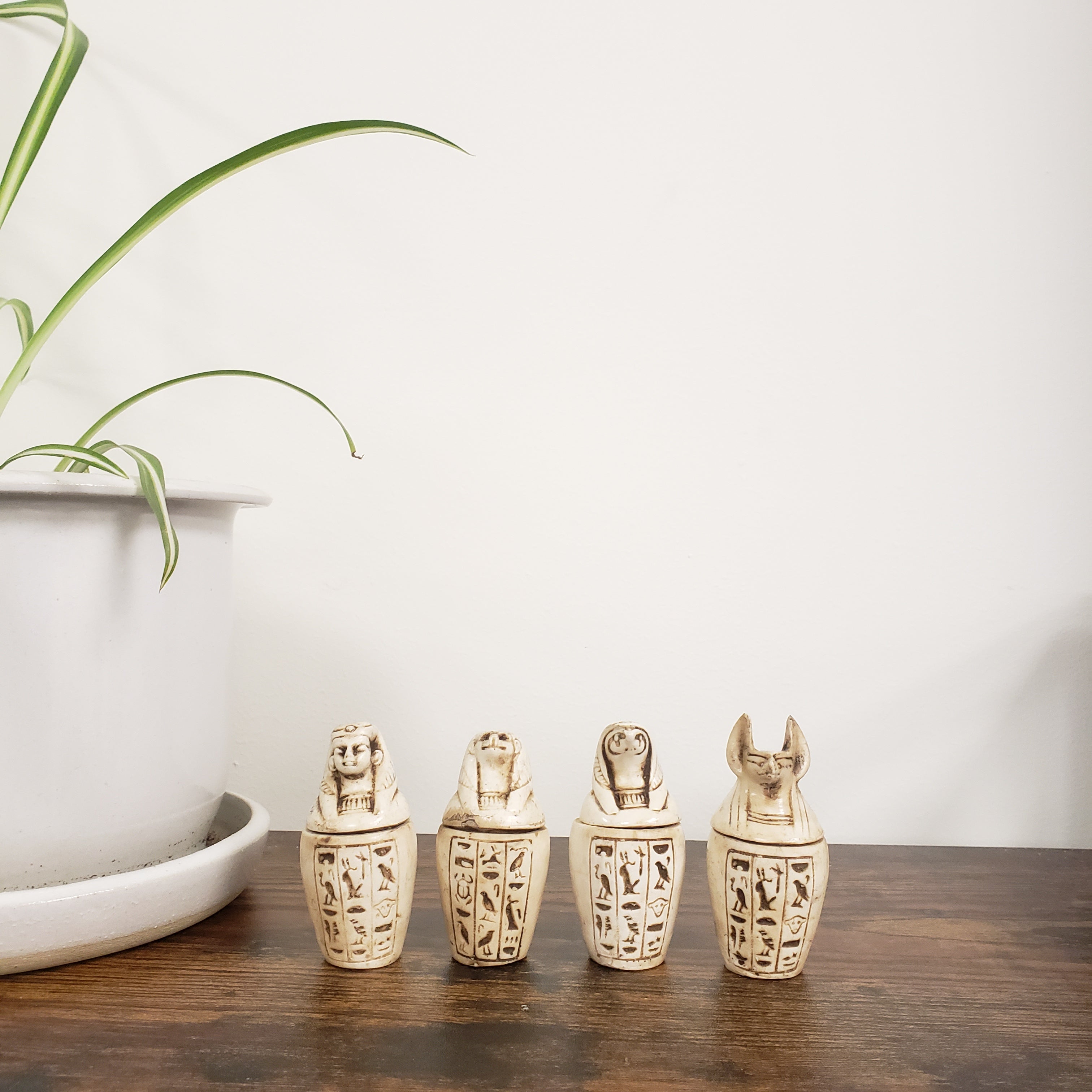 Set of four decorative canopic jar statues on a wooden surface with a plant in the foreground.