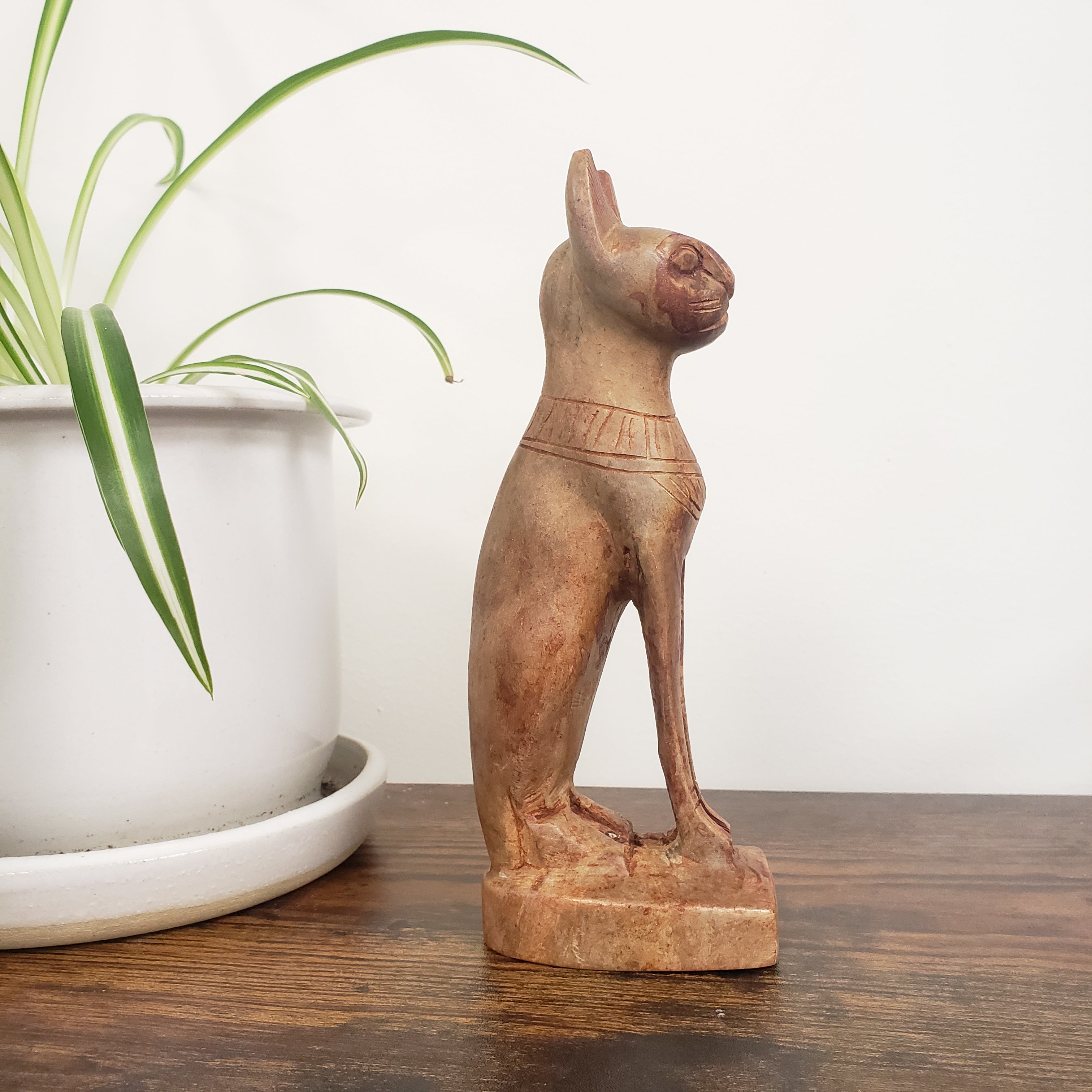 stone sculpture on a wooden shelf with a plant in the foreground