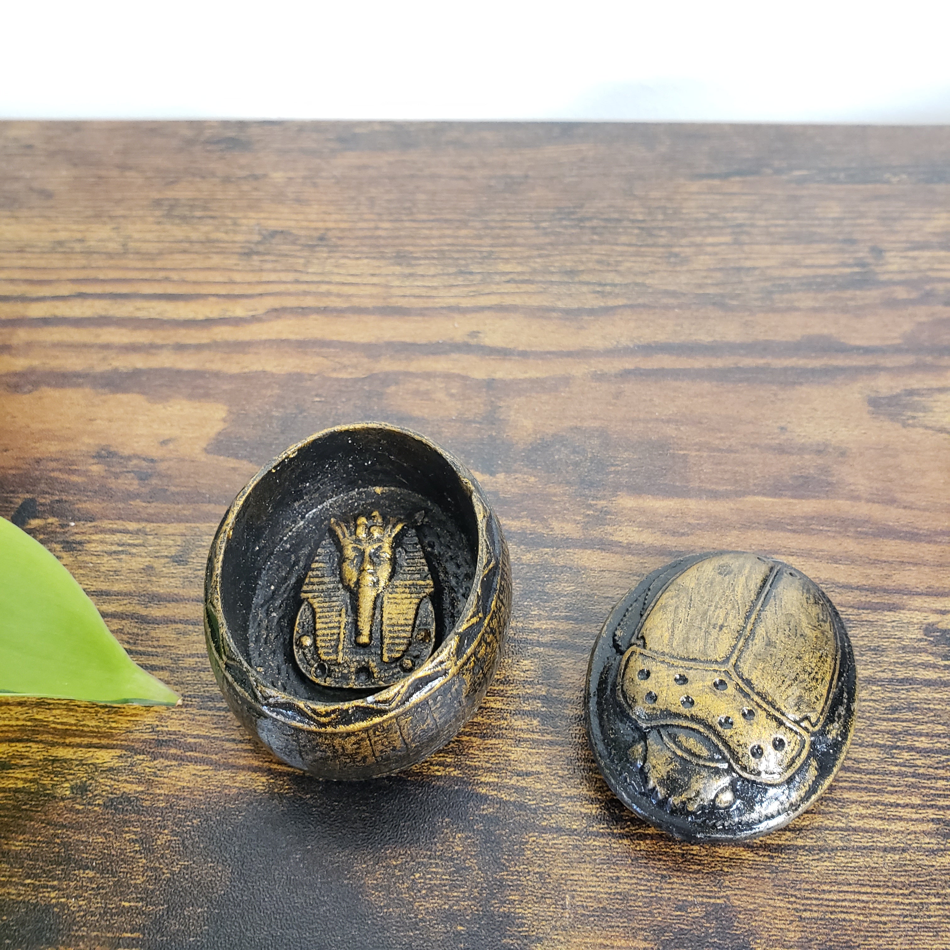 Decorative Egyptian scarab box on a wooden door with a green leaf.
