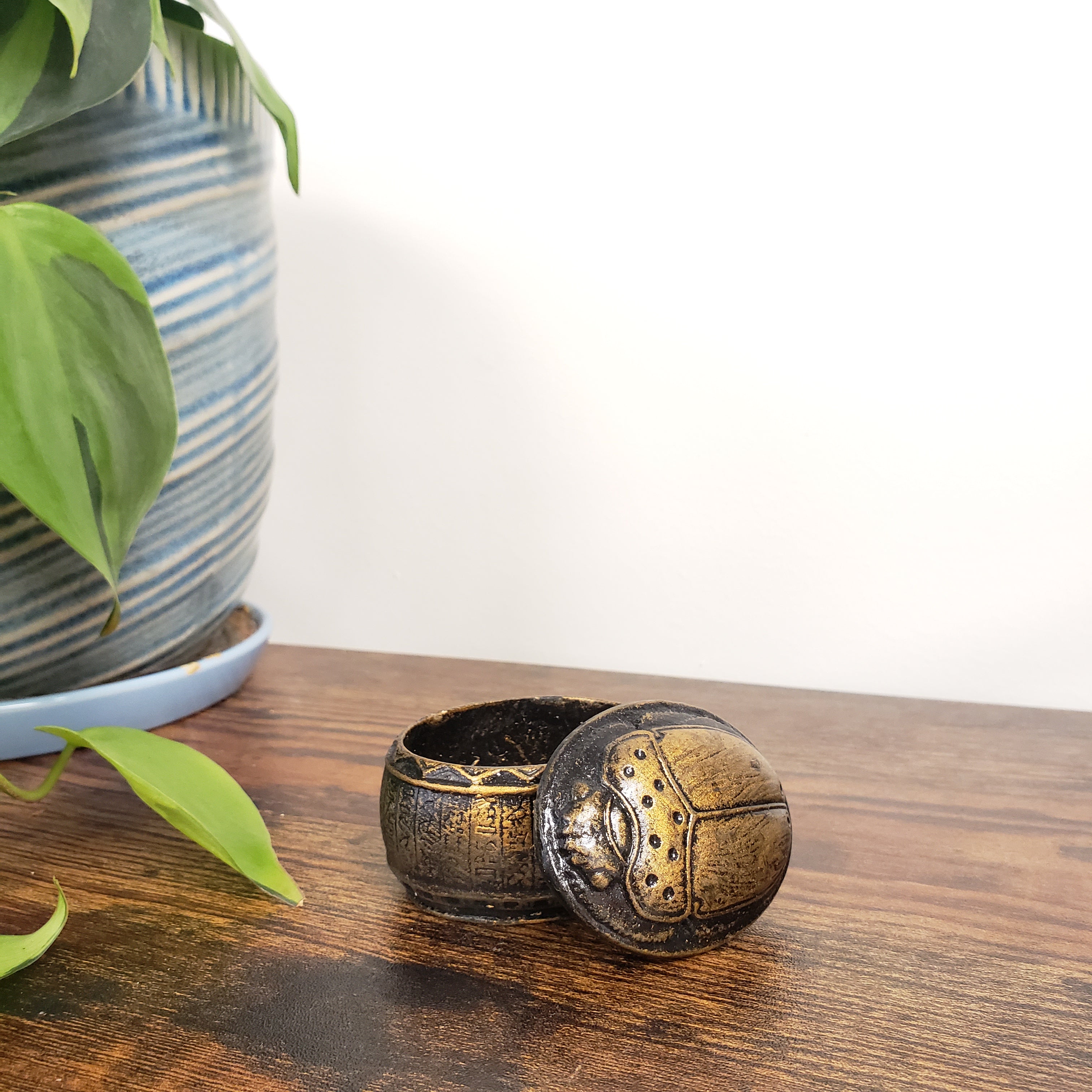 Decorative Egyptian scarab box on a wooden surface with a plant in the foreground