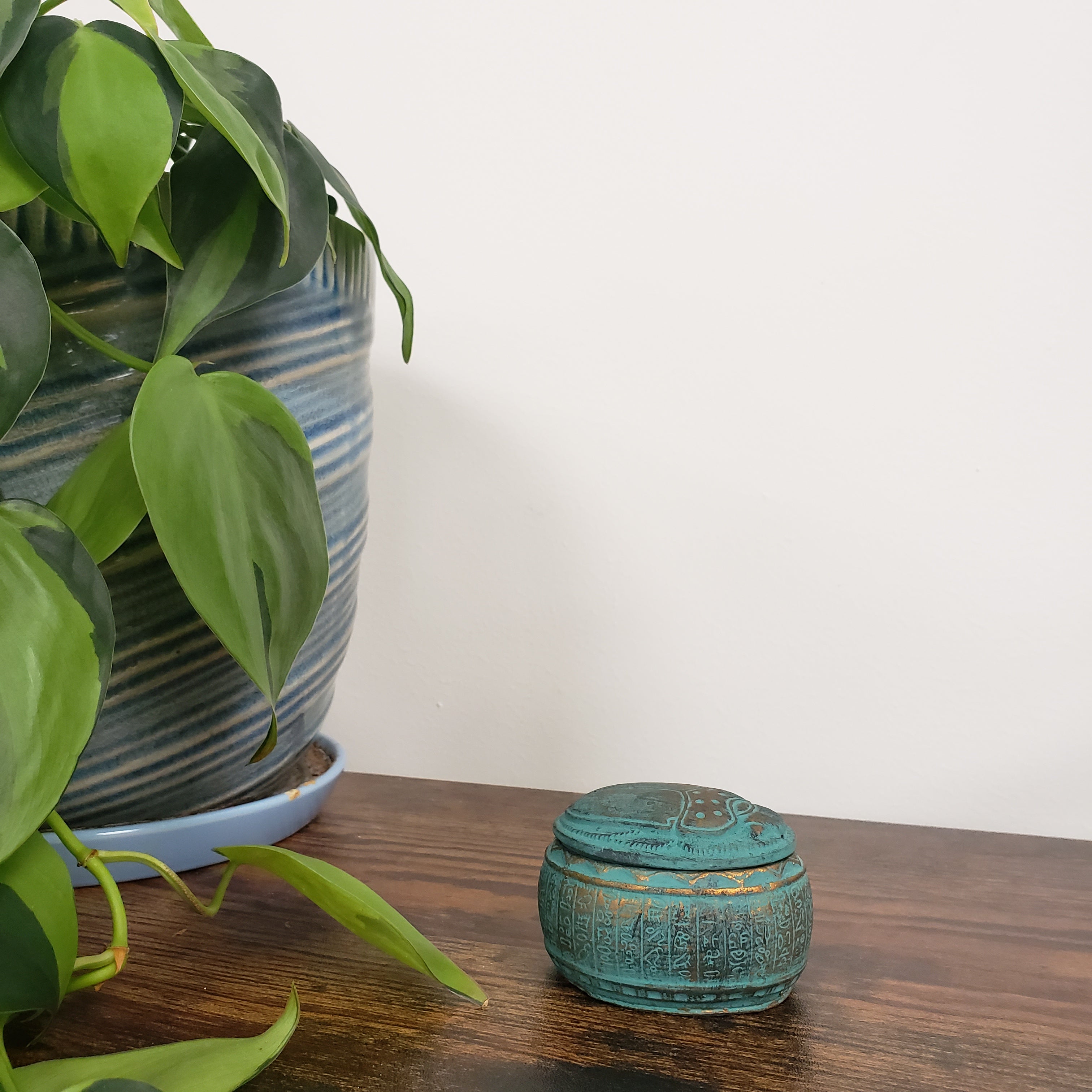 Decorative green Egyptian scarab box on a wooden surface with plants in the foreground