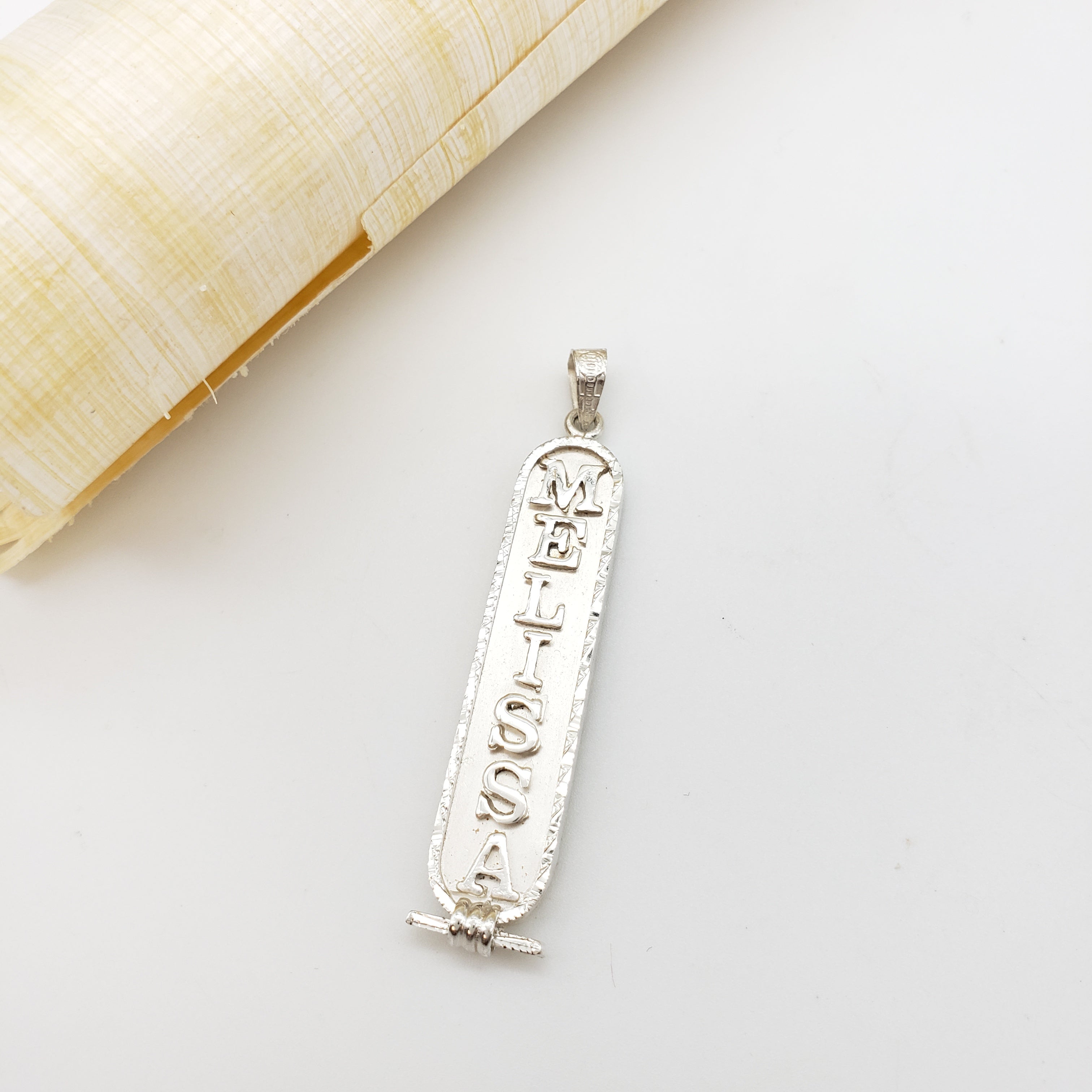 Silver cartouche with intricate design on a light gray background