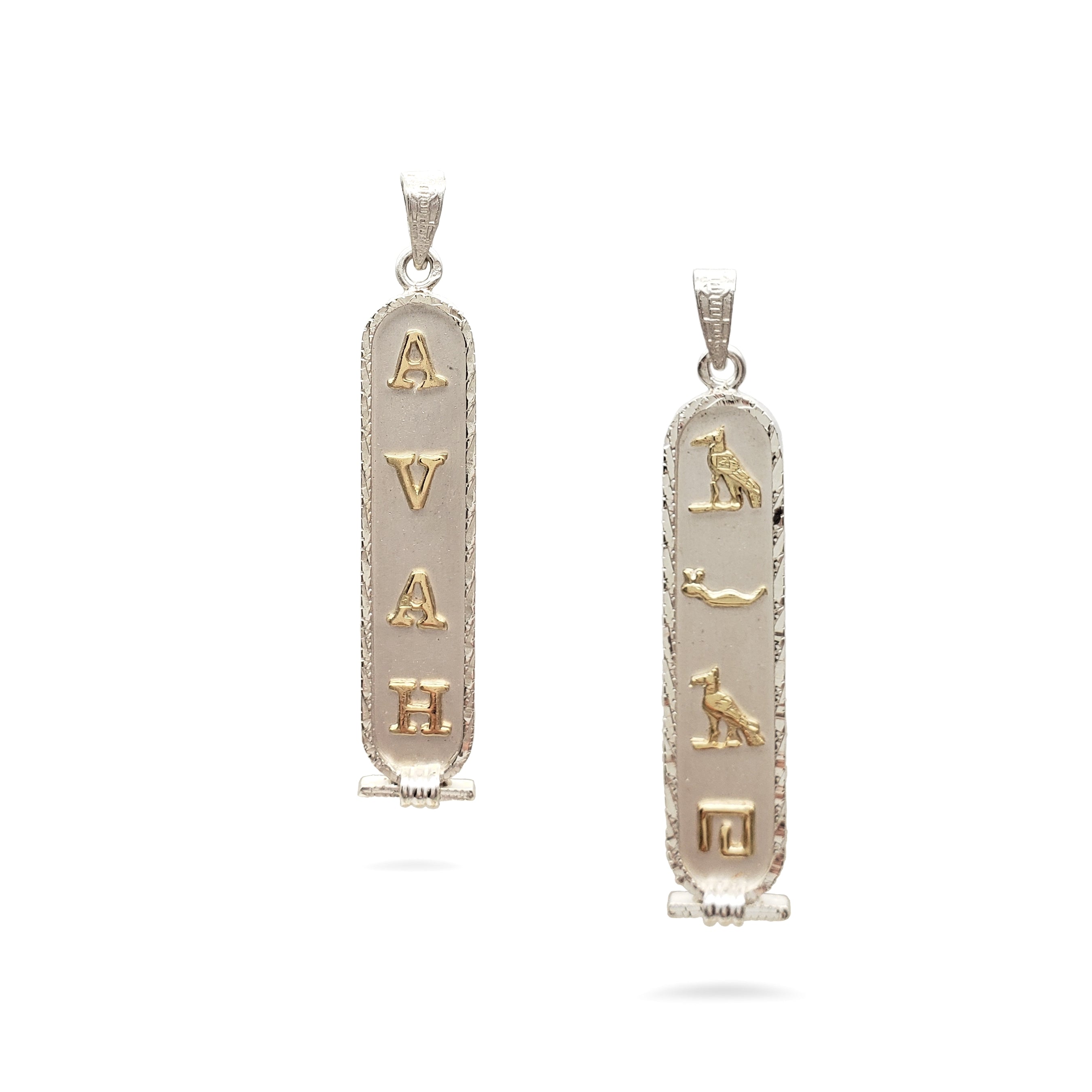 Two pendant necklaces with gold and silver designs on a white background