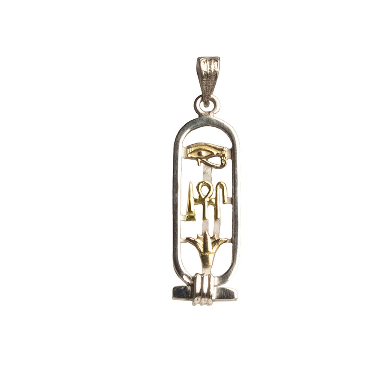 Three cartouche pendants with hieroglyphic symbols for 'Health, Life, & Happiness', featuring the Eye of Horus, a middle symbol, and a lotus flower at the bottom, in varying metal colors.