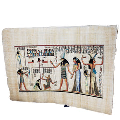 Hand-painted papyrus painting depicting an ancient Egyptian judgement scene with metallic and matte paints, featuring various characters and a balance scale.