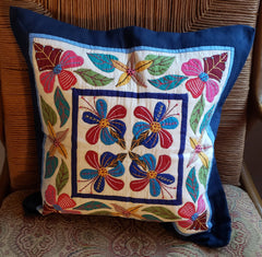 Colorful Blue Floral Pillowcase - Hand-Stitched Egyptian Khayamiya Appliqué - Made In Egypt