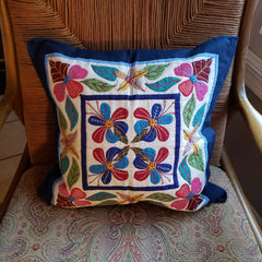 Colorful Blue Floral Pillowcase - Hand-Stitched Egyptian Khayamiya Appliqué - Made In Egypt