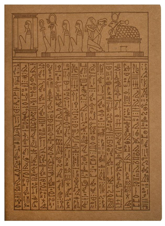 Shows the cover of the sketchbook depicting the ancient Egyptian Book of the Dead. 