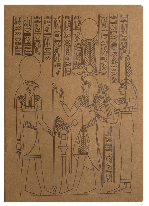 Shows the sketchbook cover depicting god and goddess Horus and Maat leading a soul to the afterlife.