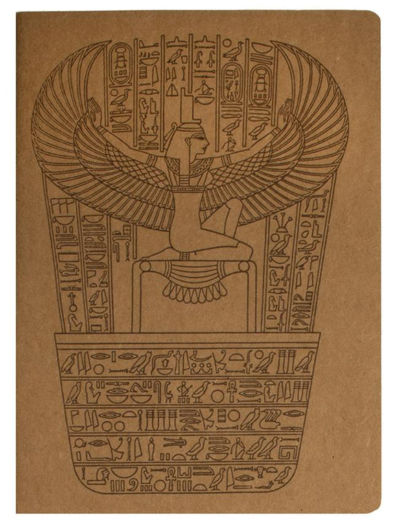 Shows the cover of the sketchbook depicting goddess Isis with her wings outstretched in front of a hieroglyphic background.